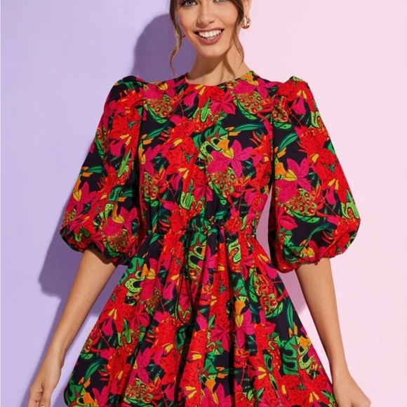 NWT NGOZIKA OKEKE Boho Bishop Sleeve Tropical Print Elegant Dress Designer Sz L - Picture 1 of 8